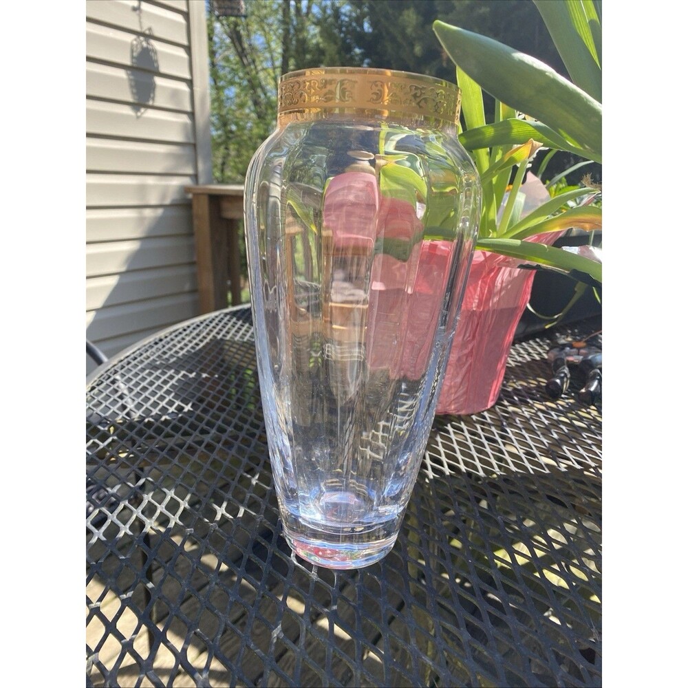 Vintage 10IN CRYSTAL HANDBLOWN PANELED VASE. GOLD ENCRUSTED BAND LENOX So Clear